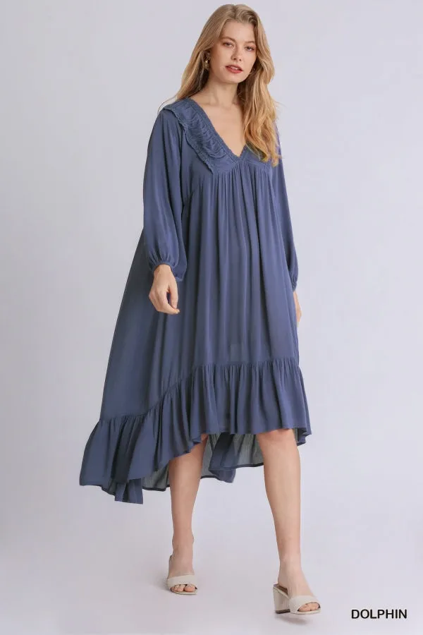Shirred V-Neck Long Sleeve Midi Ruffled Dress