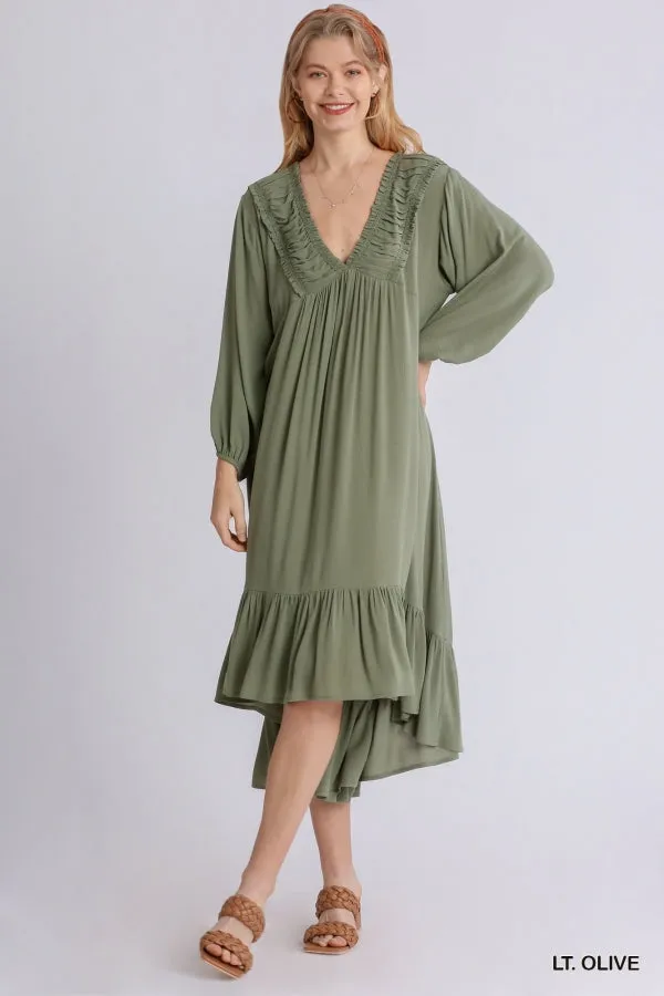 Shirred V-Neck Long Sleeve Midi Ruffled Dress