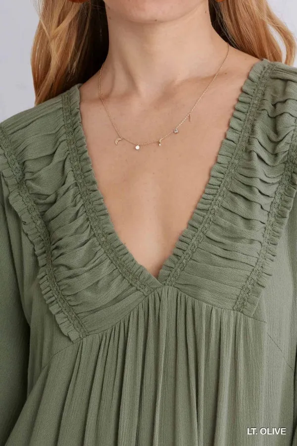 Shirred V-Neck Long Sleeve Midi Ruffled Dress
