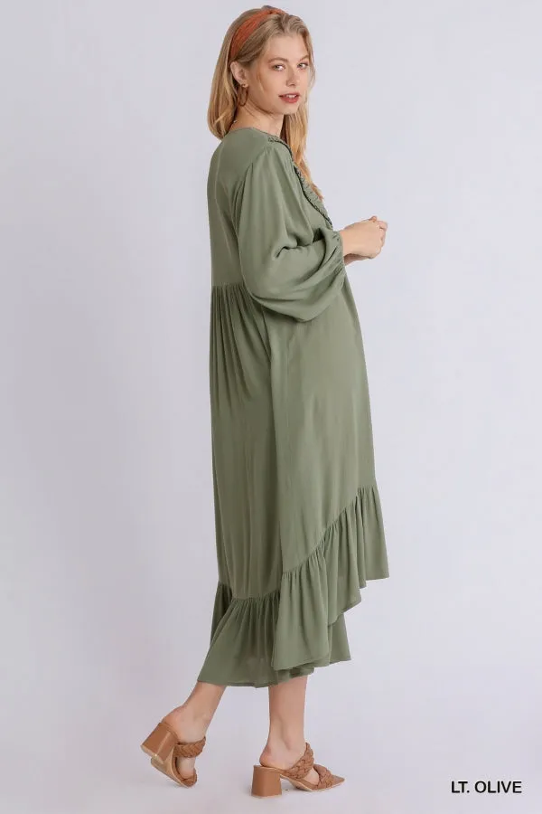 Shirred V-Neck Long Sleeve Midi Ruffled Dress