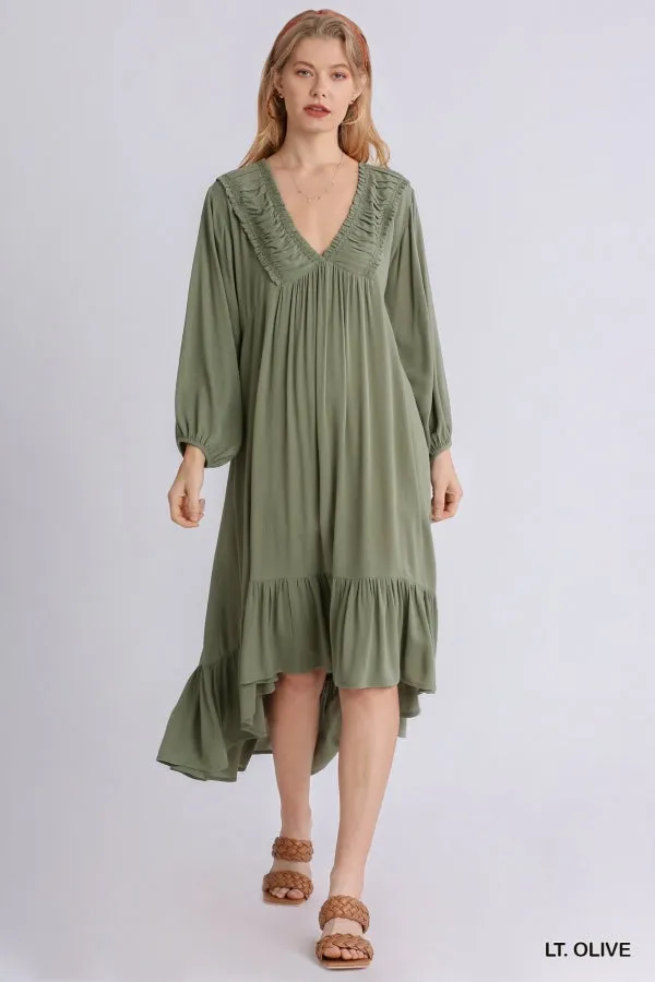Shirred V-Neck Long Sleeve Midi Ruffled Dress