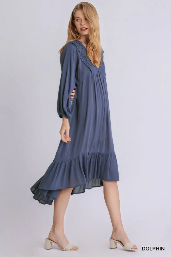 Shirred V-Neck Long Sleeve Midi Ruffled Dress