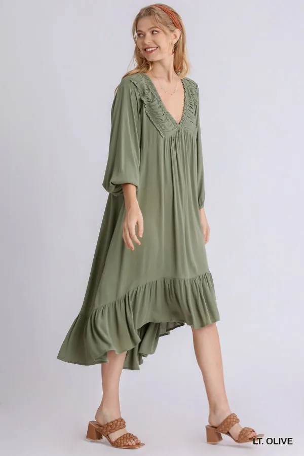 Shirred V-Neck Long Sleeve Midi Ruffled Dress