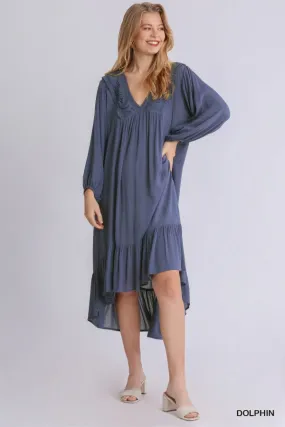 Shirred V-Neck Long Sleeve Midi Ruffled Dress