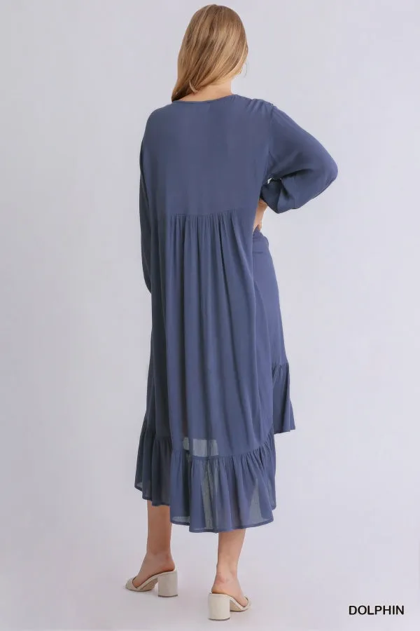 Shirred V-Neck Long Sleeve Midi Ruffled Dress