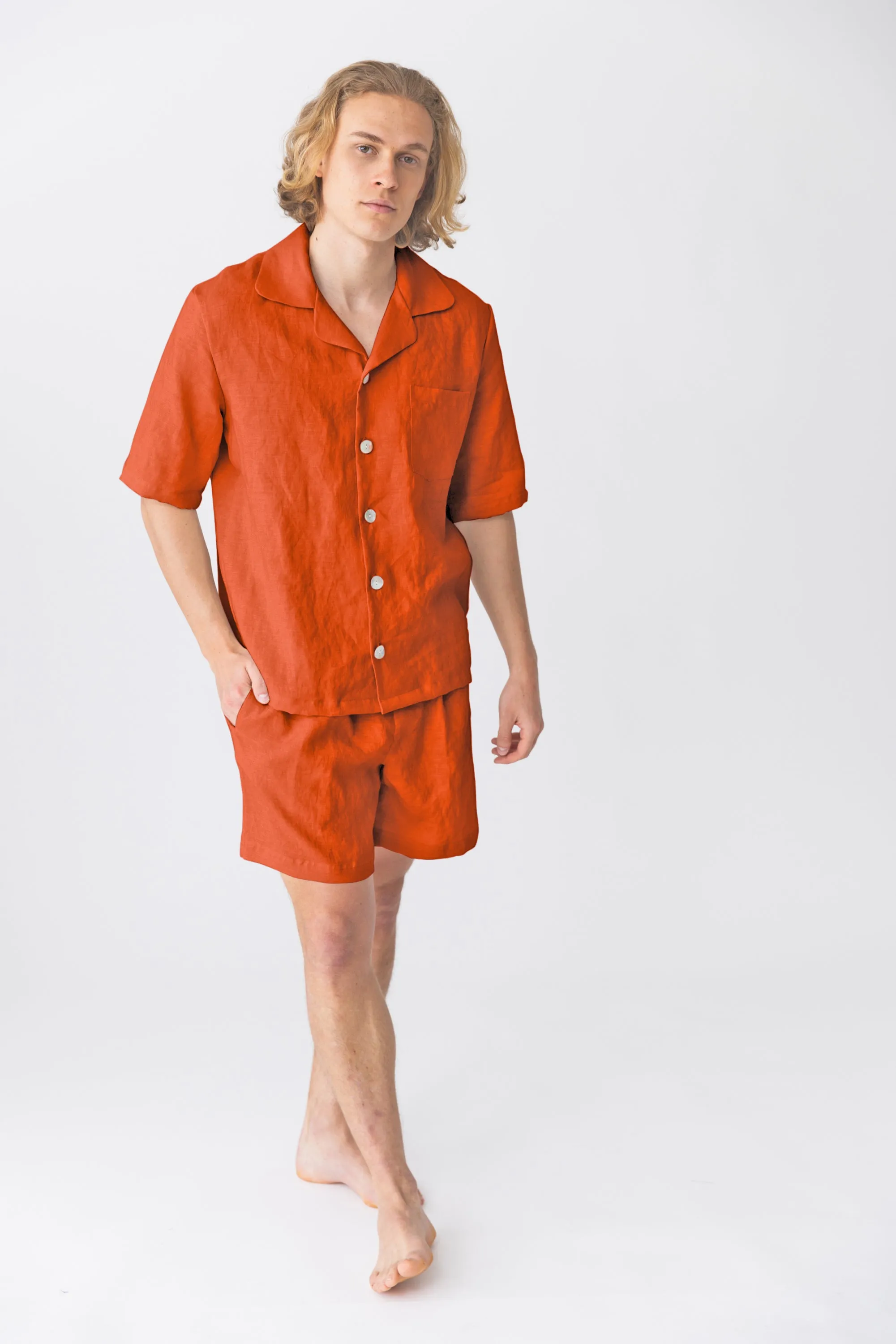Short-sleeved linen pajamas coral - Emanuel