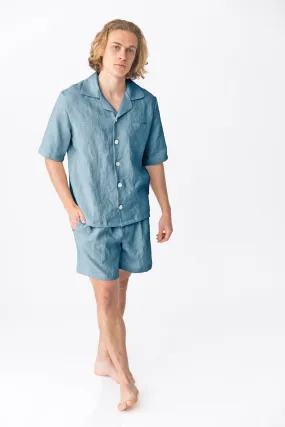 Short-sleeved linen pajamas french blue - Emanuel