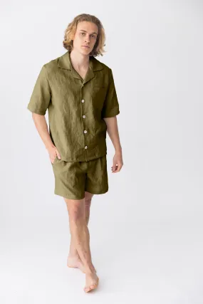 Short-sleeved linen pajamas green olive - Emanuel