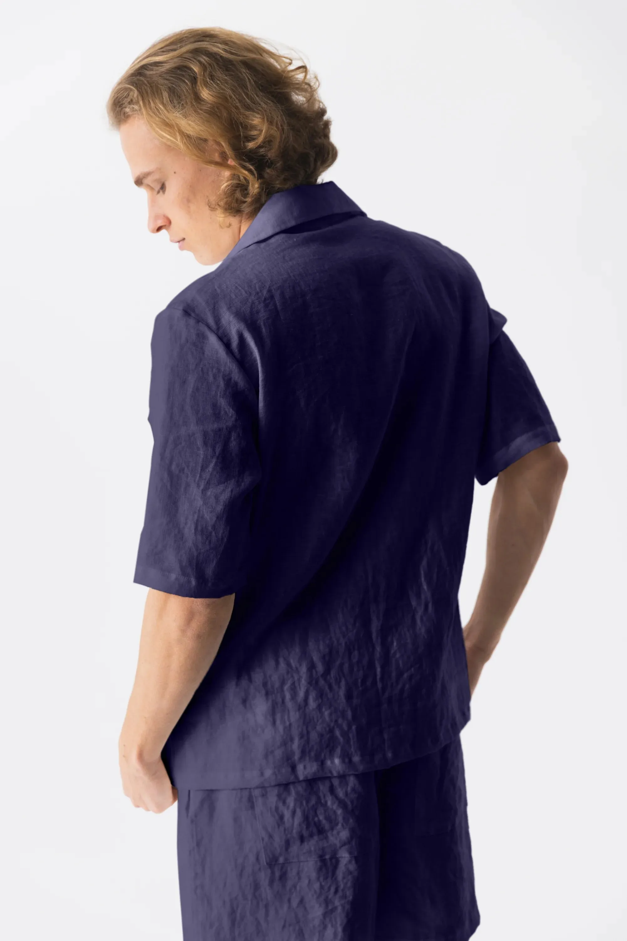 Short-sleeved linen pajamas night blue - Emanuel