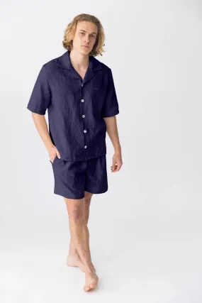Short-sleeved linen pajamas night blue - Emanuel