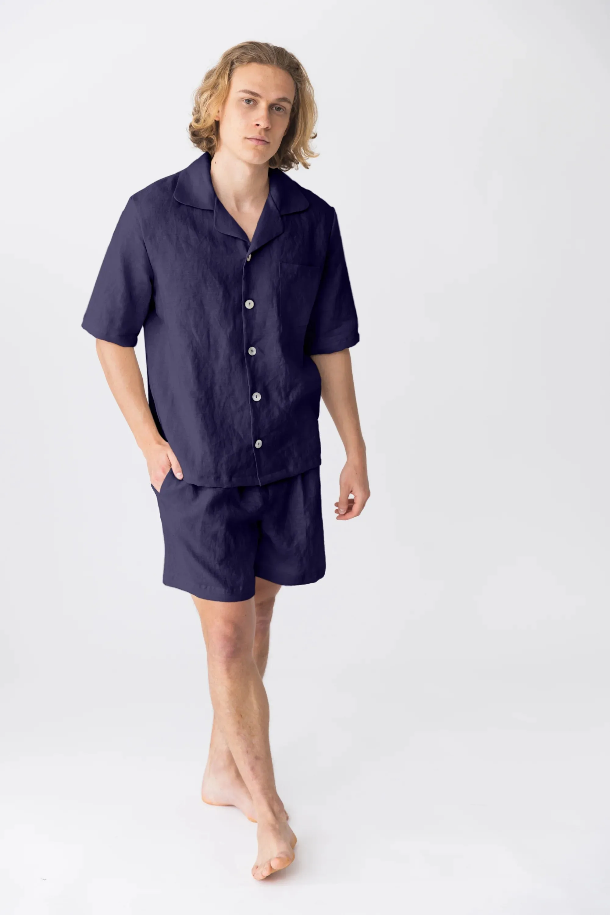 Short-sleeved linen pajamas night blue - Emanuel