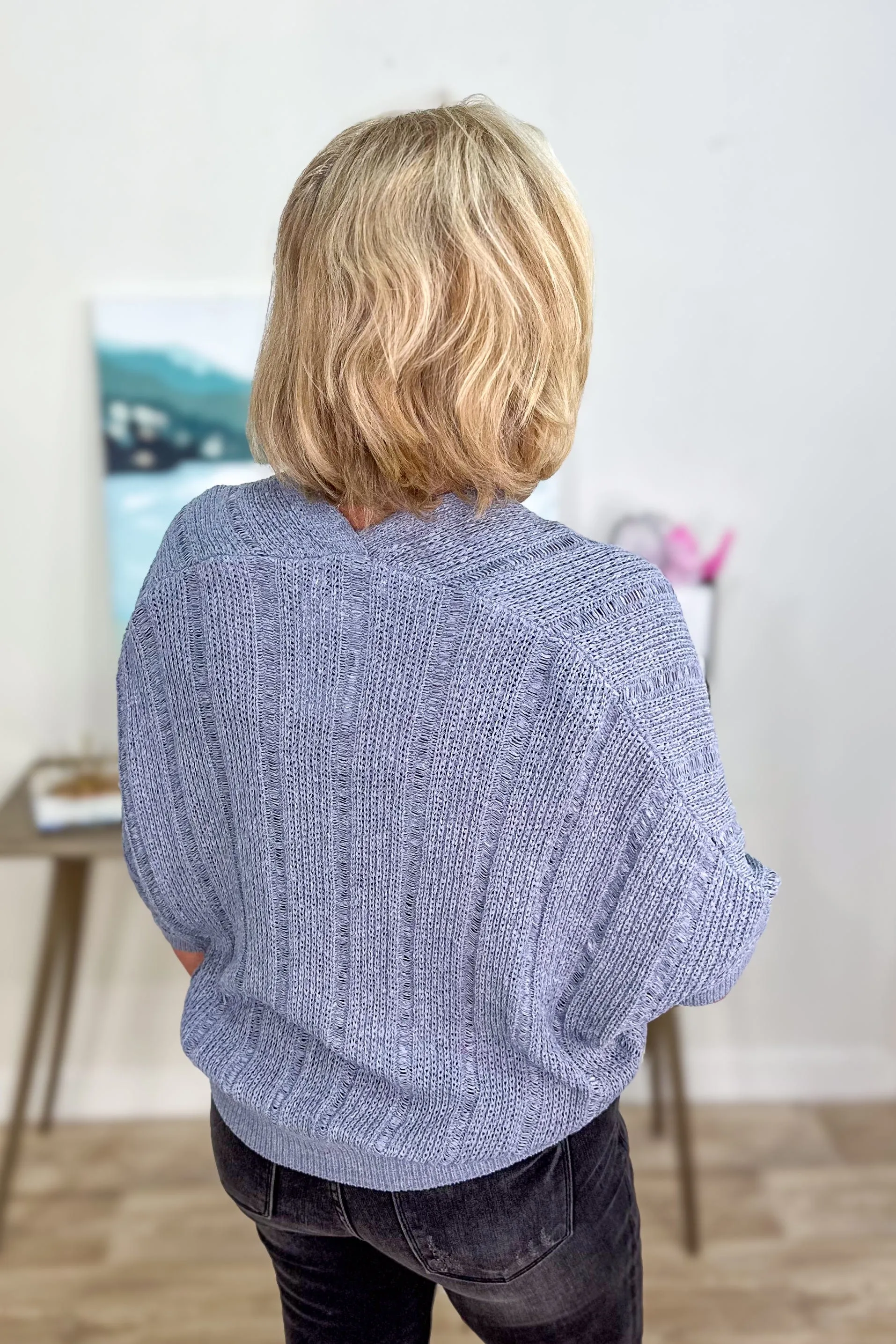 Slate Blue Pointelle 3/4 Sleeve Kimono Cardigan