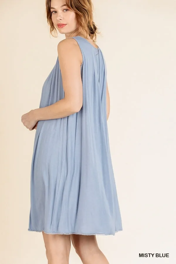 Sleeveless Basic Round Neck Shift Crochet Trim Dress