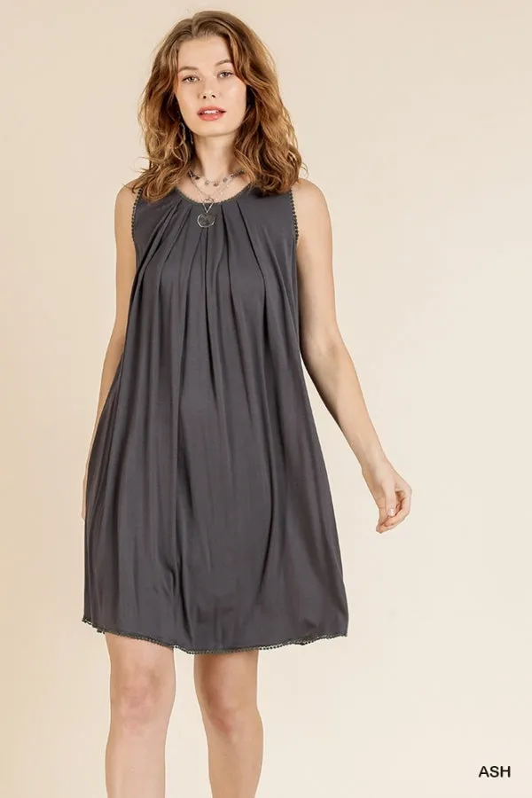 Sleeveless Basic Round Neck Shift Crochet Trim Dress