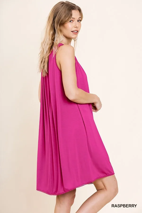 Sleeveless Basic Round Neck Shift Crochet Trim Dress