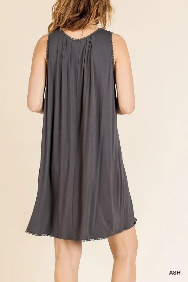 Sleeveless Basic Round Neck Shift Crochet Trim Dress
