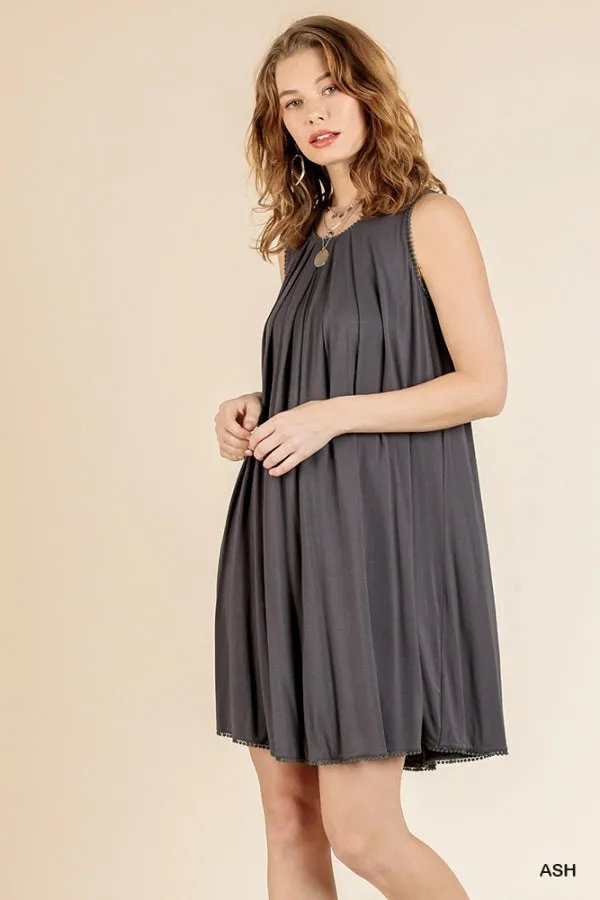 Sleeveless Basic Round Neck Shift Crochet Trim Dress