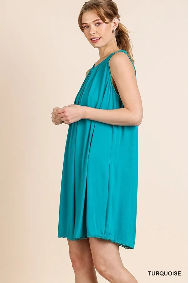 Sleeveless Basic Round Neck Shift Crochet Trim Dress