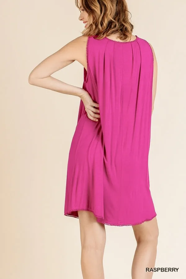 Sleeveless Basic Round Neck Shift Crochet Trim Dress