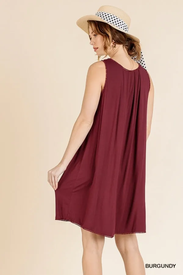 Sleeveless Basic Round Neck Shift Crochet Trim Dress