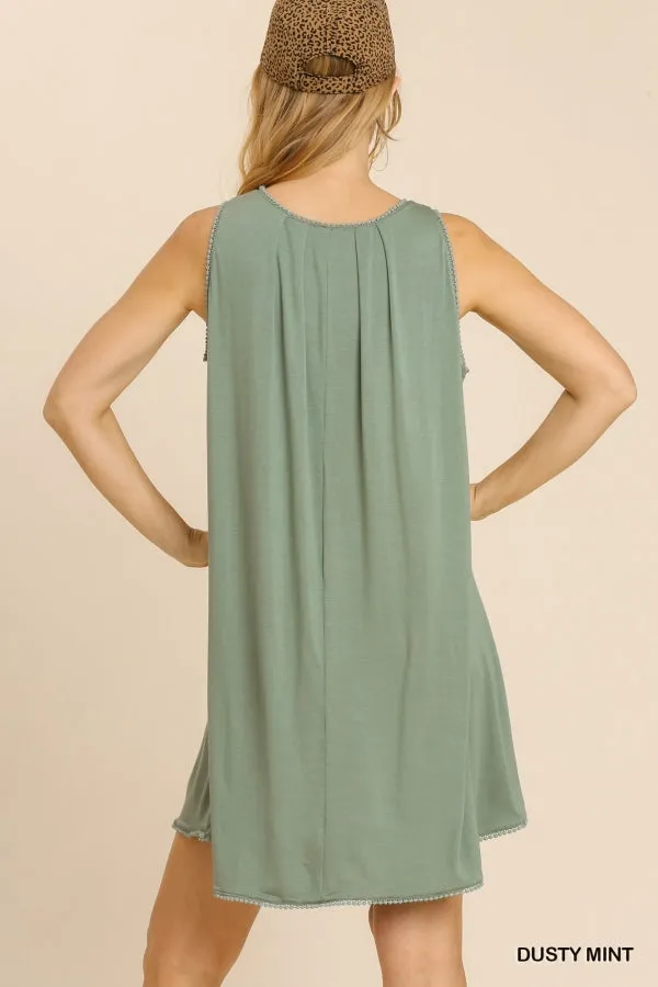 Sleeveless Basic Round Neck Shift Crochet Trim Dress