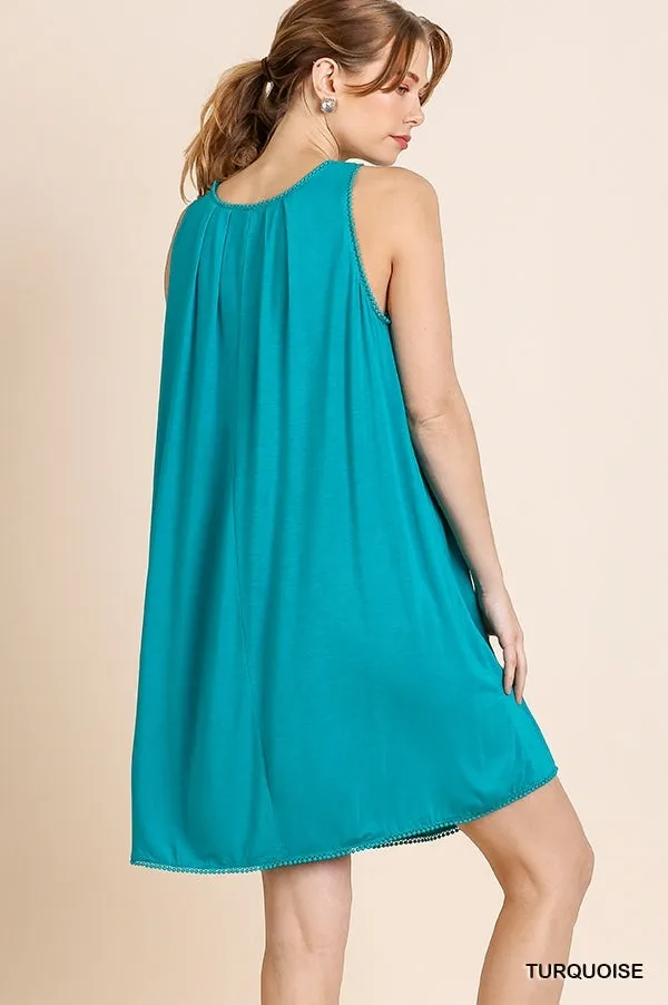 Sleeveless Basic Round Neck Shift Crochet Trim Dress