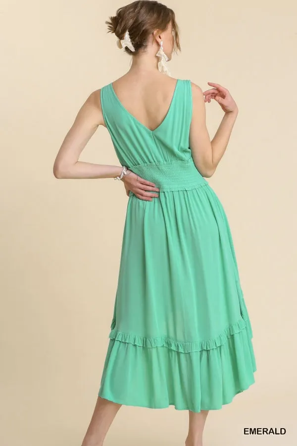 Sleeveless Smocked Waist Lace Front Midi High Low Hem Dress