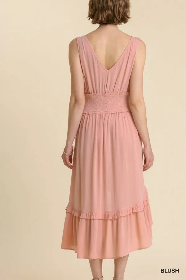 Sleeveless Smocked Waist Lace Front Midi High Low Hem Dress