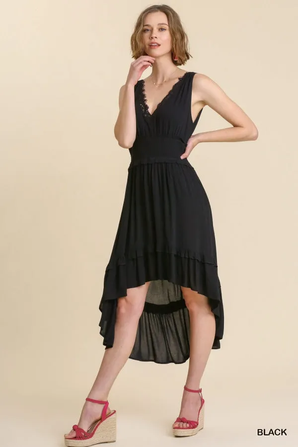 Sleeveless Smocked Waist Lace Front Midi High Low Hem Dress