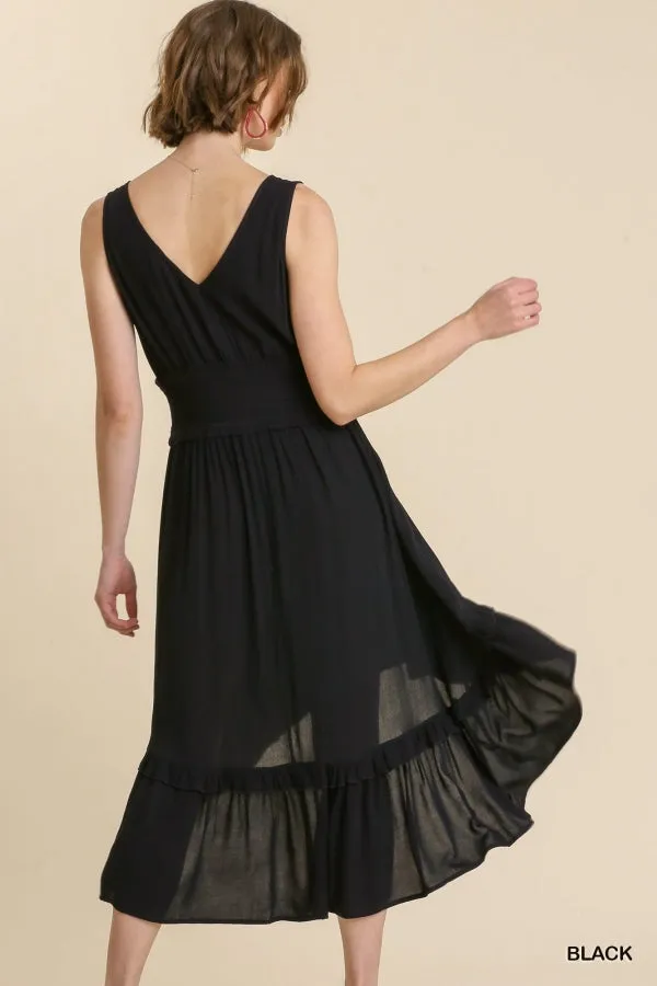 Sleeveless Smocked Waist Lace Front Midi High Low Hem Dress