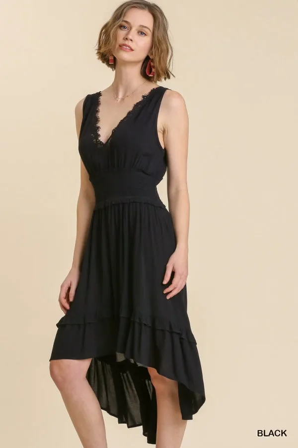 Sleeveless Smocked Waist Lace Front Midi High Low Hem Dress