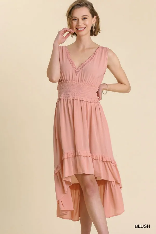 Sleeveless Smocked Waist Lace Front Midi High Low Hem Dress