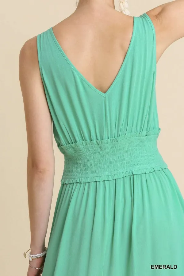 Sleeveless Smocked Waist Lace Front Midi High Low Hem Dress