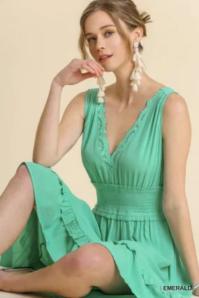 Sleeveless Smocked Waist Lace Front Midi High Low Hem Dress