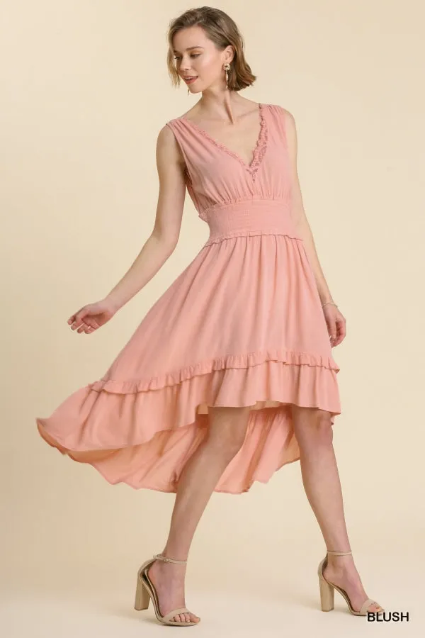 Sleeveless Smocked Waist Lace Front Midi High Low Hem Dress