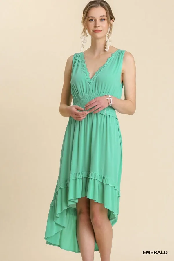 Sleeveless Smocked Waist Lace Front Midi High Low Hem Dress