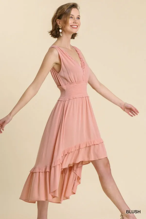 Sleeveless Smocked Waist Lace Front Midi High Low Hem Dress