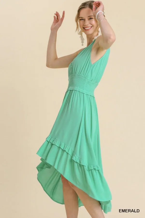 Sleeveless Smocked Waist Lace Front Midi High Low Hem Dress