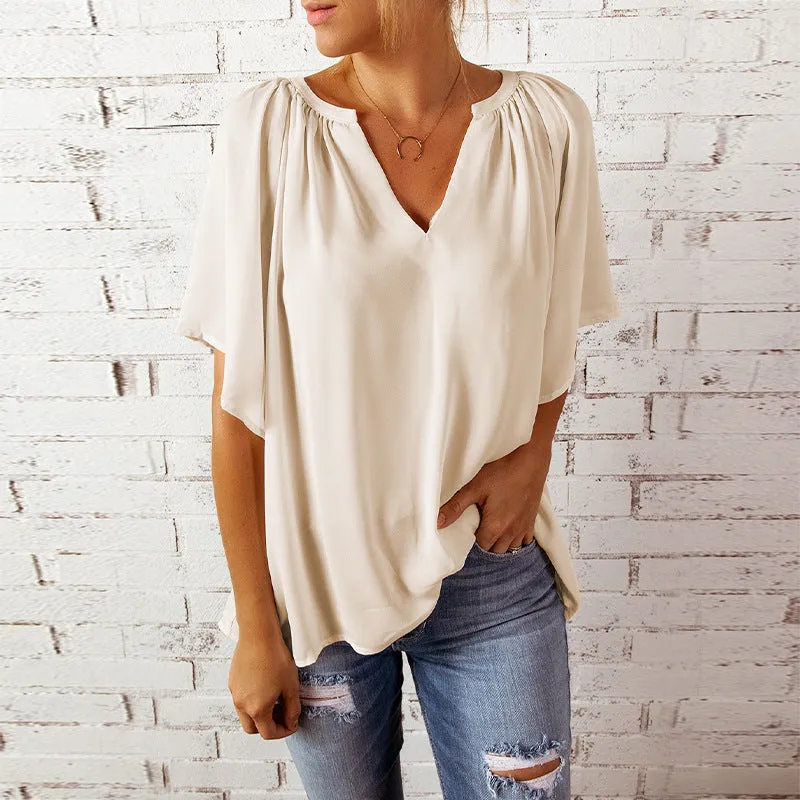 Solid Color Summer Loose-fitting V-neck Casual Women's T-shirt Chiffon Top