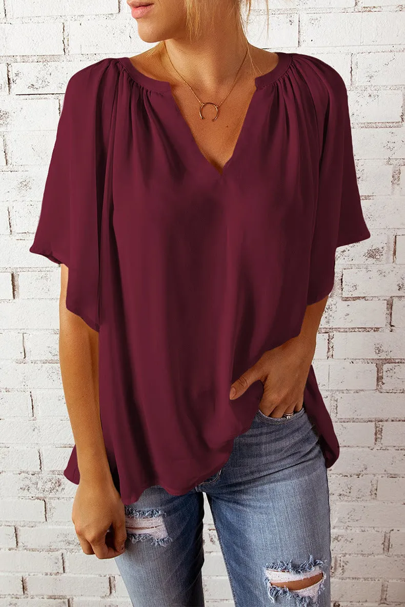 Solid Color Summer Loose-fitting V-neck Casual Women's T-shirt Chiffon Top