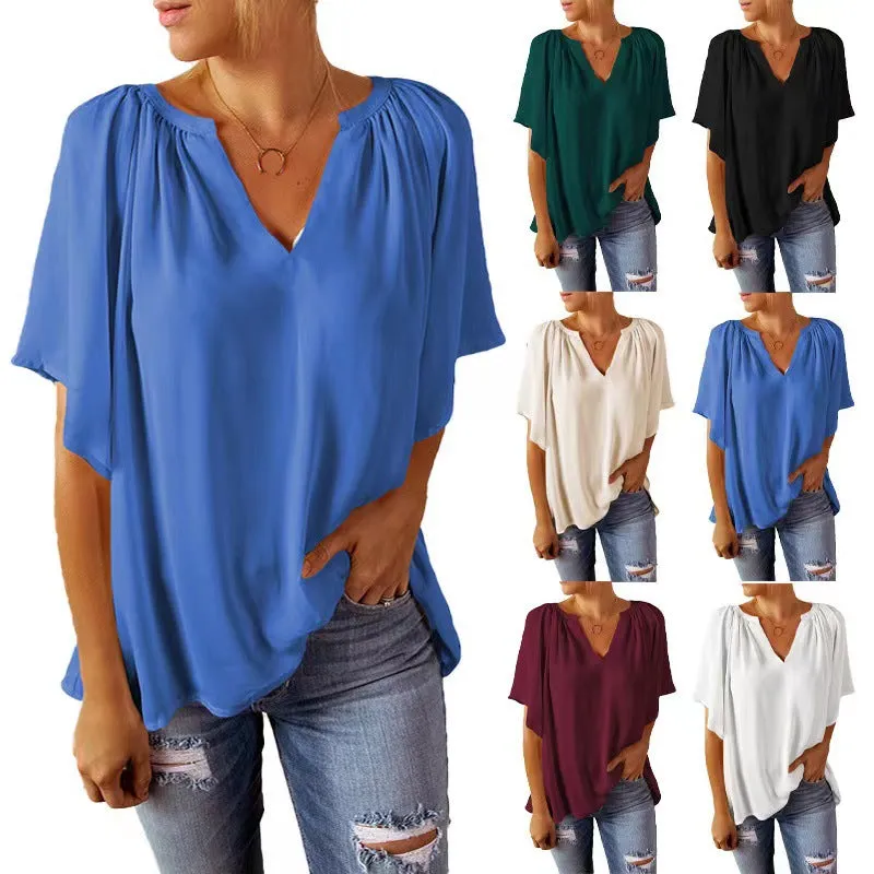 Solid Color Summer Loose-fitting V-neck Casual Women's T-shirt Chiffon Top