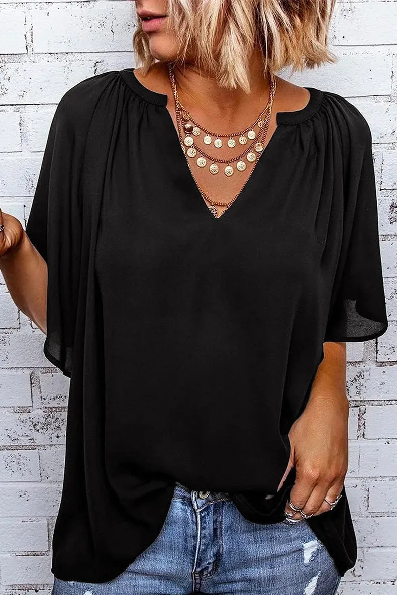 Solid Color Summer Loose-fitting V-neck Casual Women's T-shirt Chiffon Top