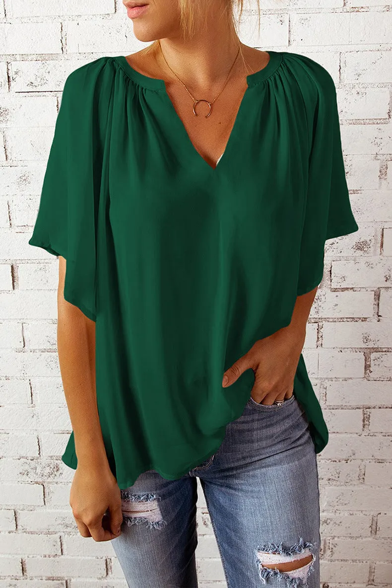 Solid Color Summer Loose-fitting V-neck Casual Women's T-shirt Chiffon Top