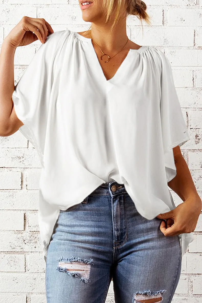 Solid Color Summer Loose-fitting V-neck Casual Women's T-shirt Chiffon Top
