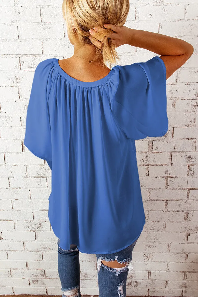 Solid Color Summer Loose-fitting V-neck Casual Women's T-shirt Chiffon Top