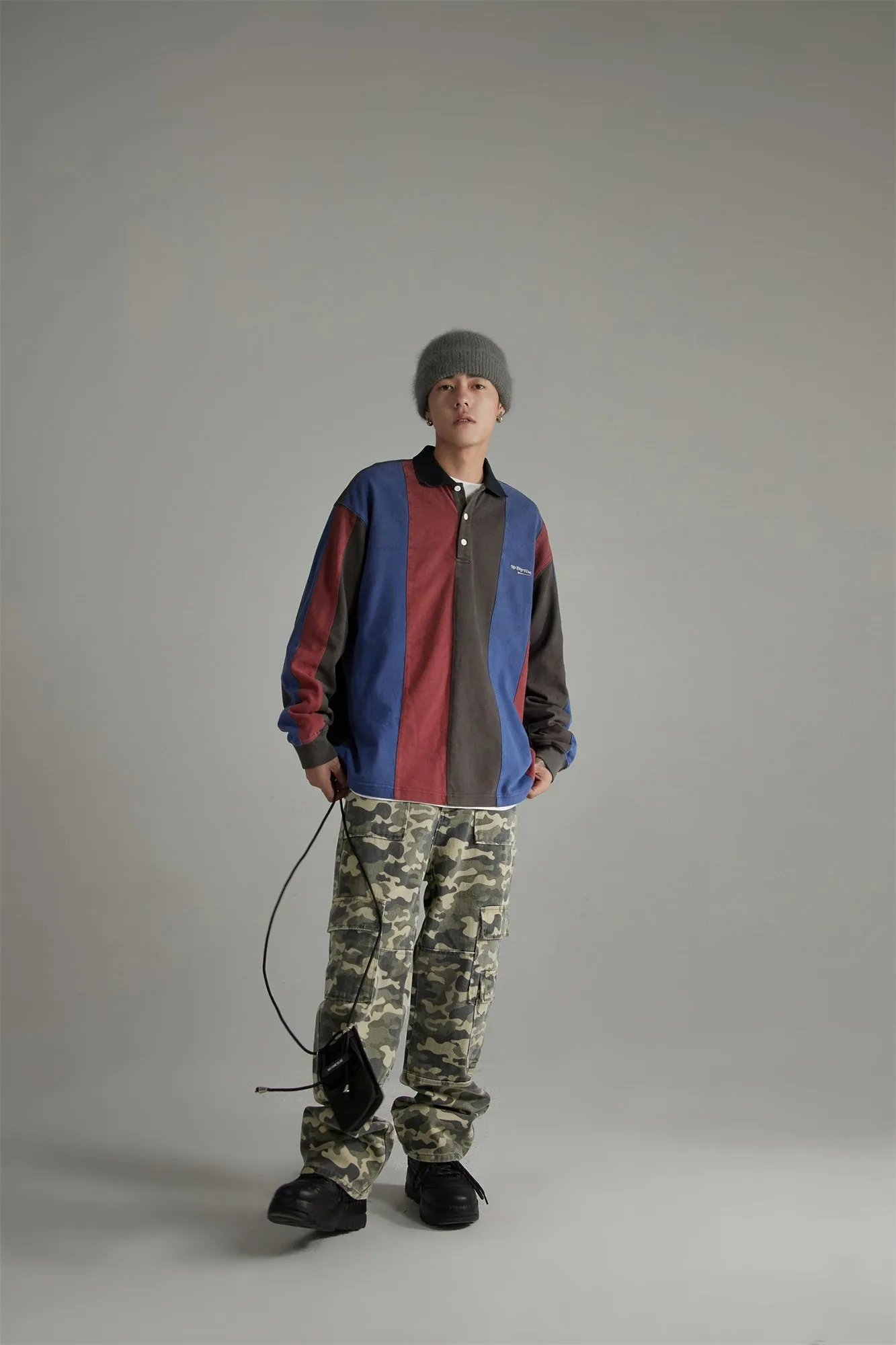 Stripe Polo Collar Loose Fit T-Shirt