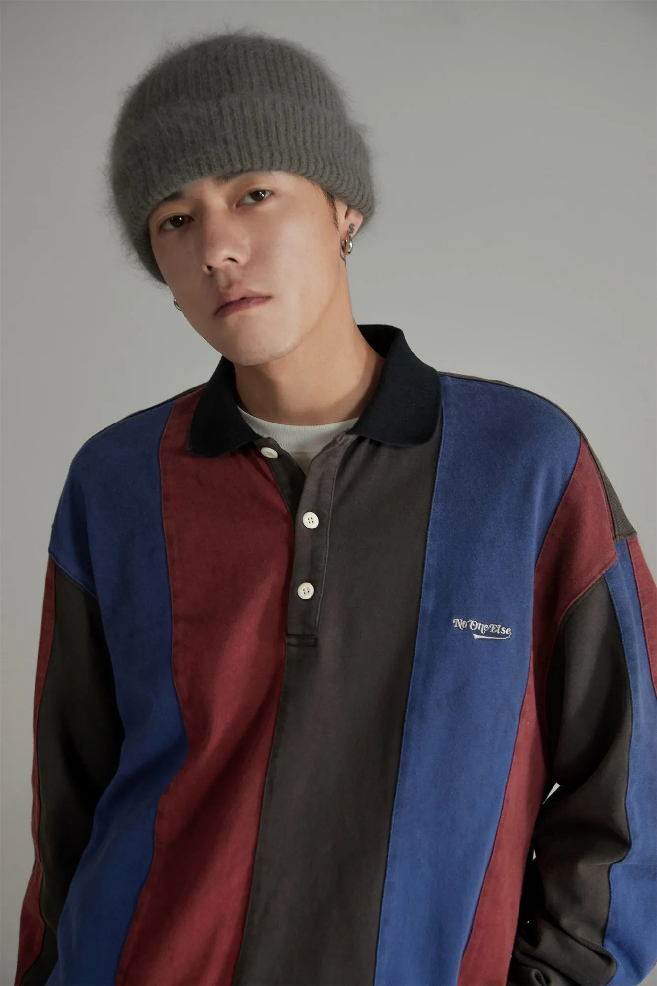 Stripe Polo Collar Loose Fit T-Shirt