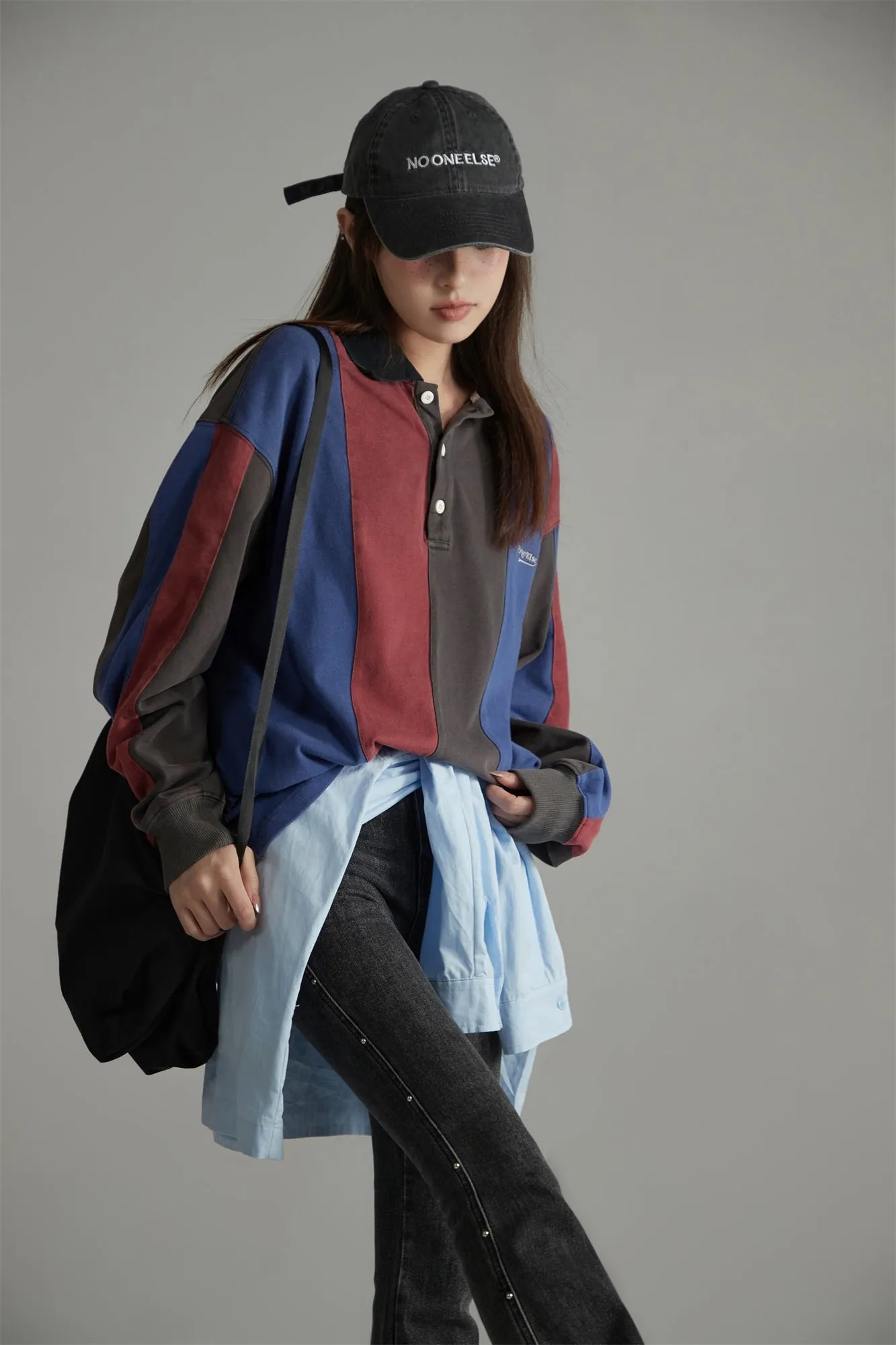 Stripe Polo Collar Loose Fit T-Shirt