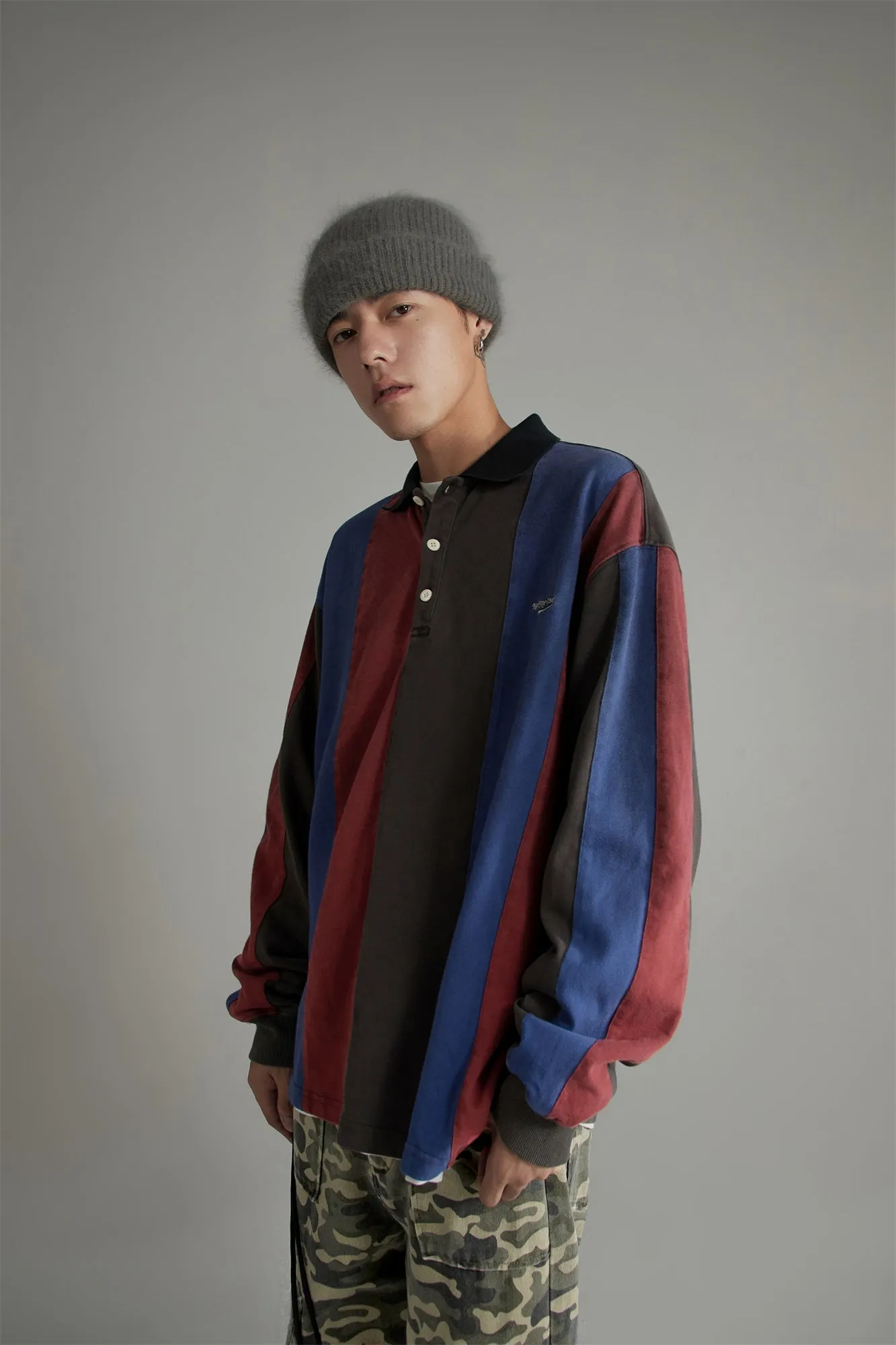 Stripe Polo Collar Loose Fit T-Shirt