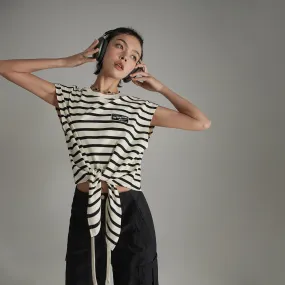 Striped Front Tie Loose Fit Sleeveless T-Shirt